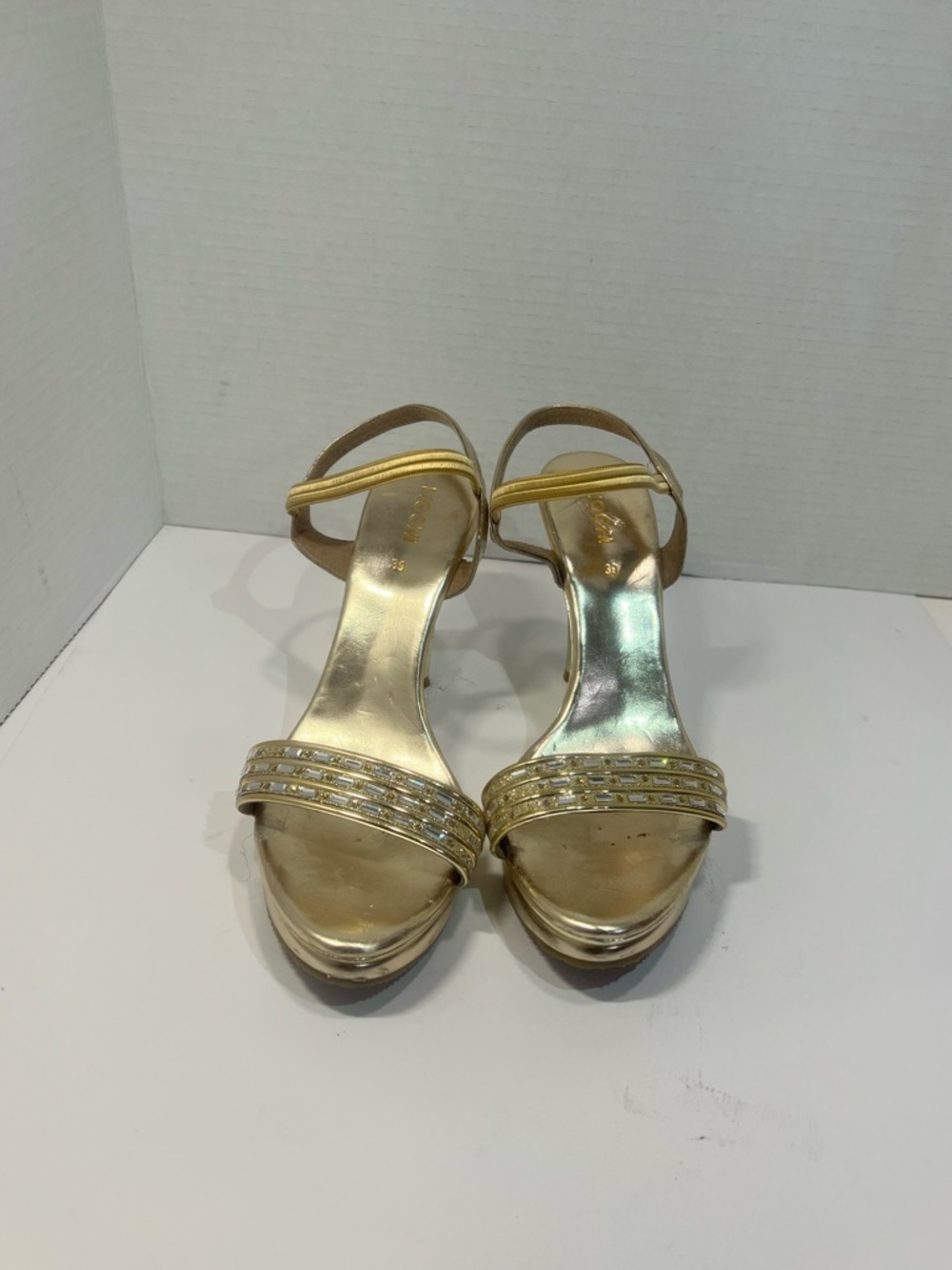 Women's Gold Strappy Platform Heels with Embellished Front